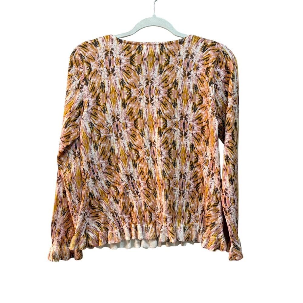 Sundance Sweater Womens Medium Pink Yellow Feather Print Button Front Cotton - Picture 3 of 6